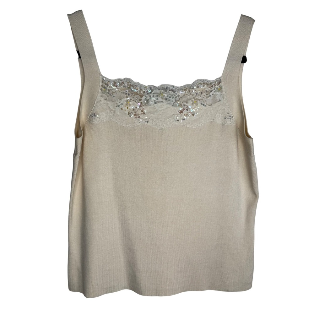 VTG Y2K Talbots Size Petite Medium Cream Silk Blend Lace Sequin Trim‎ Tank Top